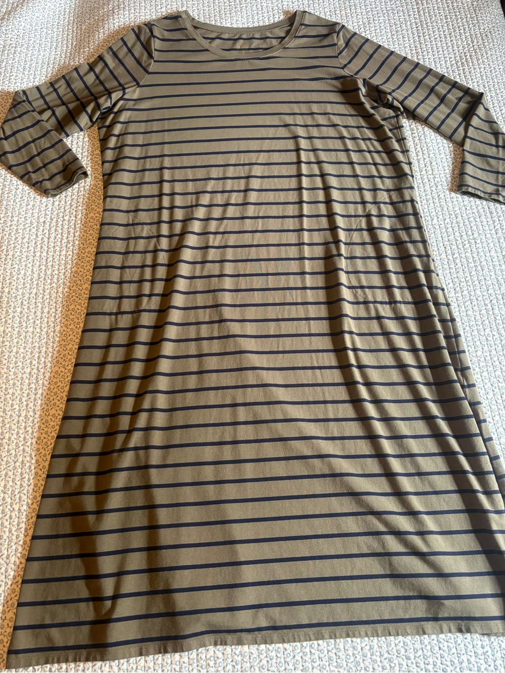 Belle by Kim Gravel Olive Green and Navy Striped Long Sleeve Midi Dress